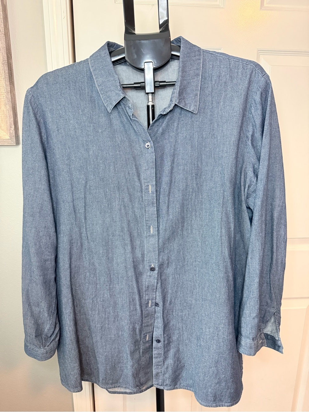 Eileen Fisher Lightweight Chambray Button-Down Shirt — Blue-Gray